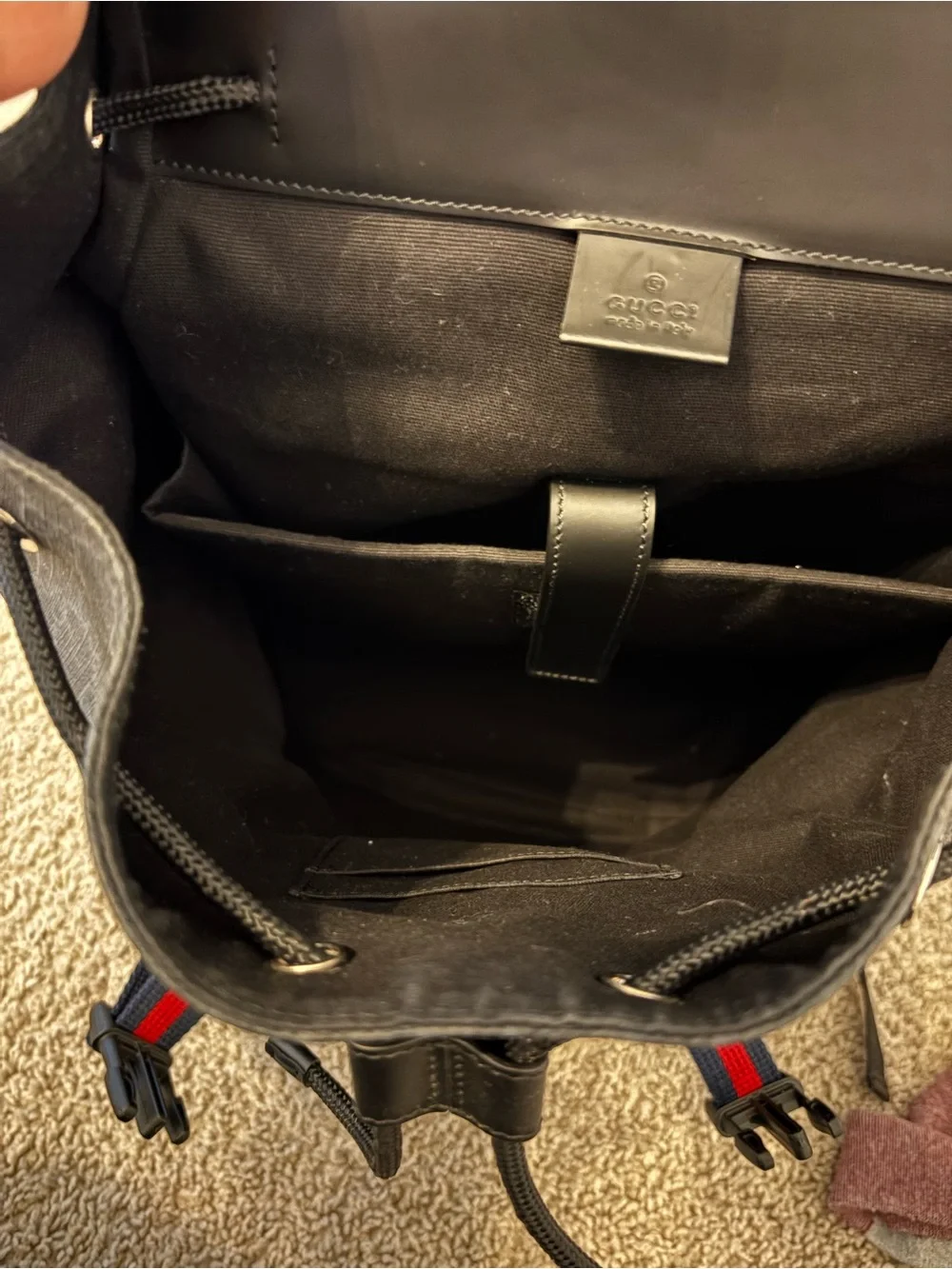 Brand New Gucci  Black GG Supreme Backpack with Red and Blue Web Straps